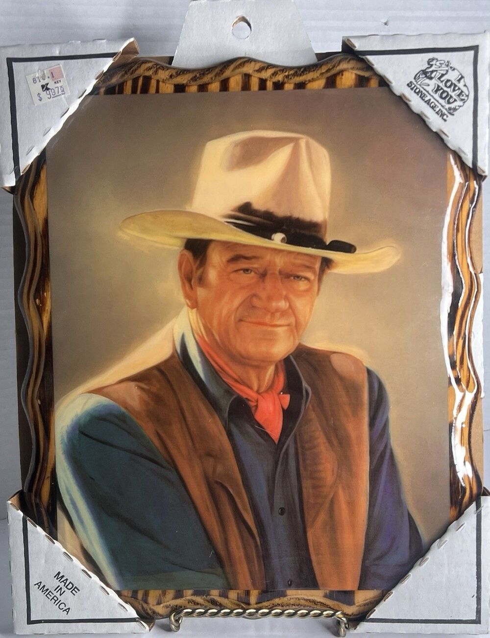 1980s Vintage John Wayne Framed Portrait Solid Wood  Live Edge Frame 12x10 New!